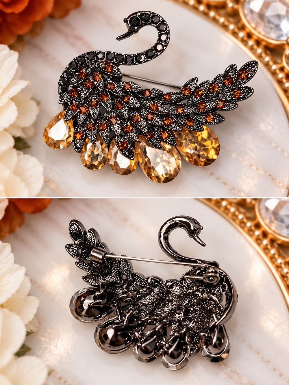 Elegant Swan Brooch with Amber Crystals